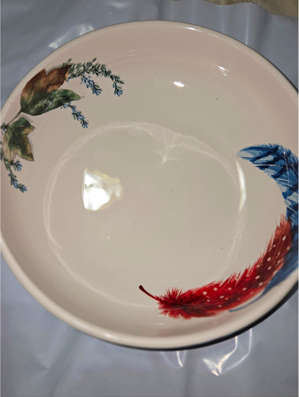 Pier 1 Feather Branch Ceramic Round Bowl, Glossy, Microwave & Dishwasher Safe